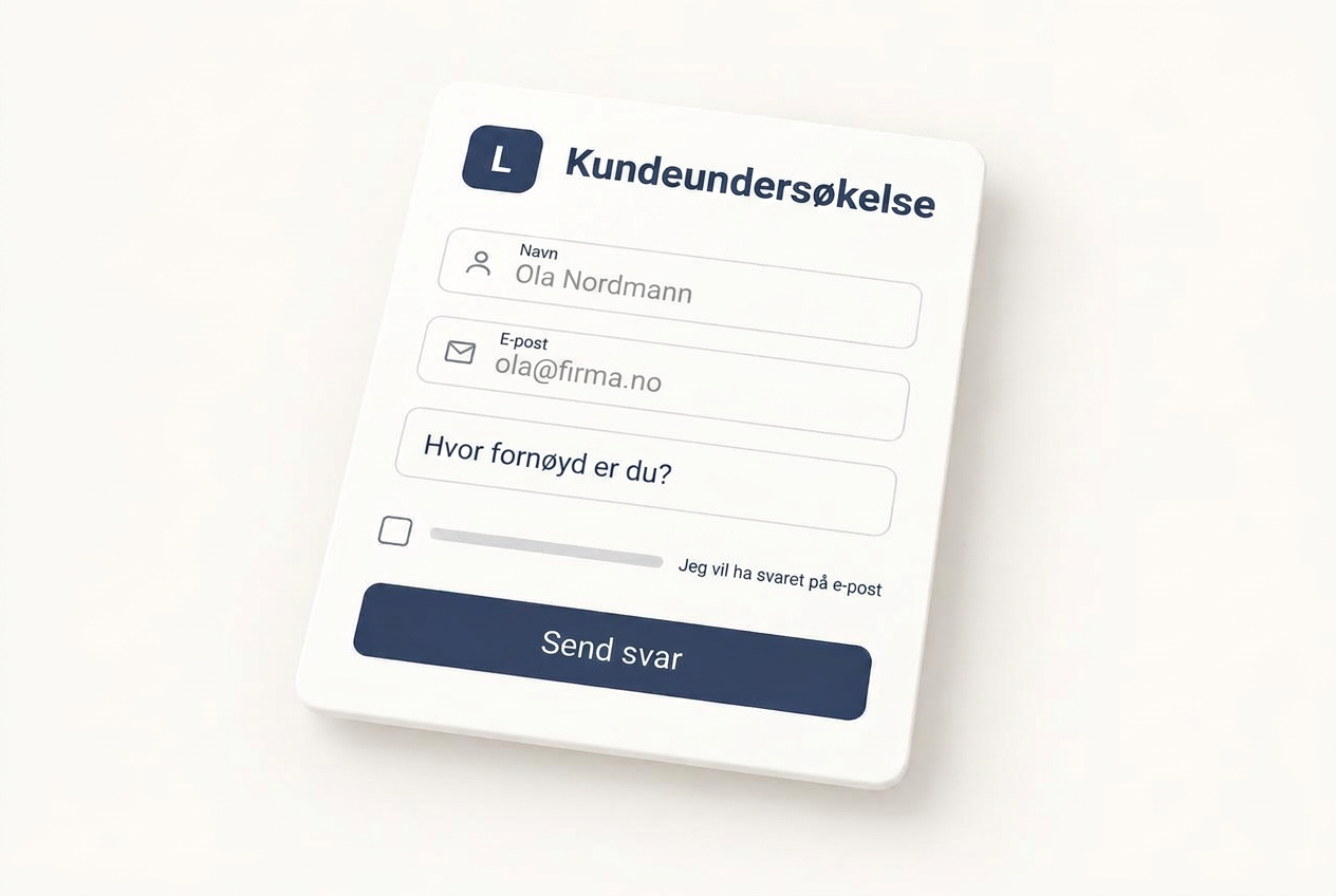 Et Lettli-skjema som heter Kundeundersøkelse med feltene navn, e-post og hvor fornøyd er du